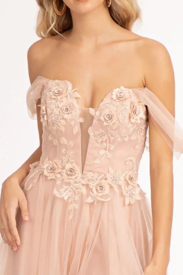 3-D Flower Embellished Mesh A-line Dress w/ Lace-up Open Back by Tux-USA