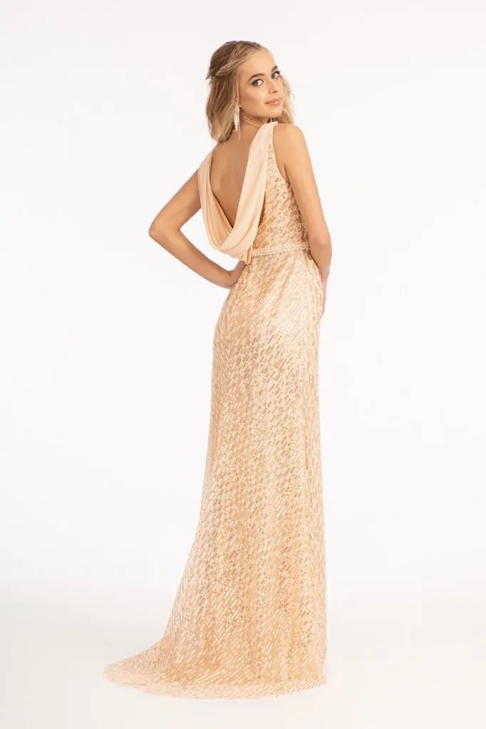 Embroidered Sequin Embellished Mesh Mermaid Dress w/ Chiffon Drape Cape by Tux-USA