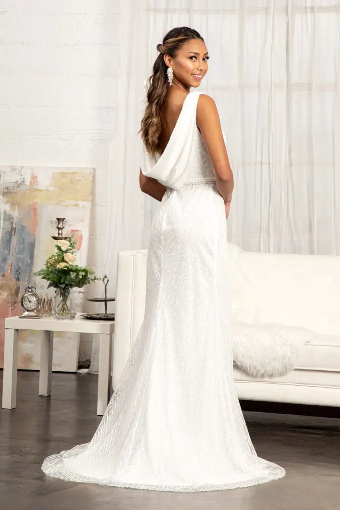 Embroidered Sequin Embellished Mesh Mermaid Dress w/ Chiffon Drape Cape by Tux-USA