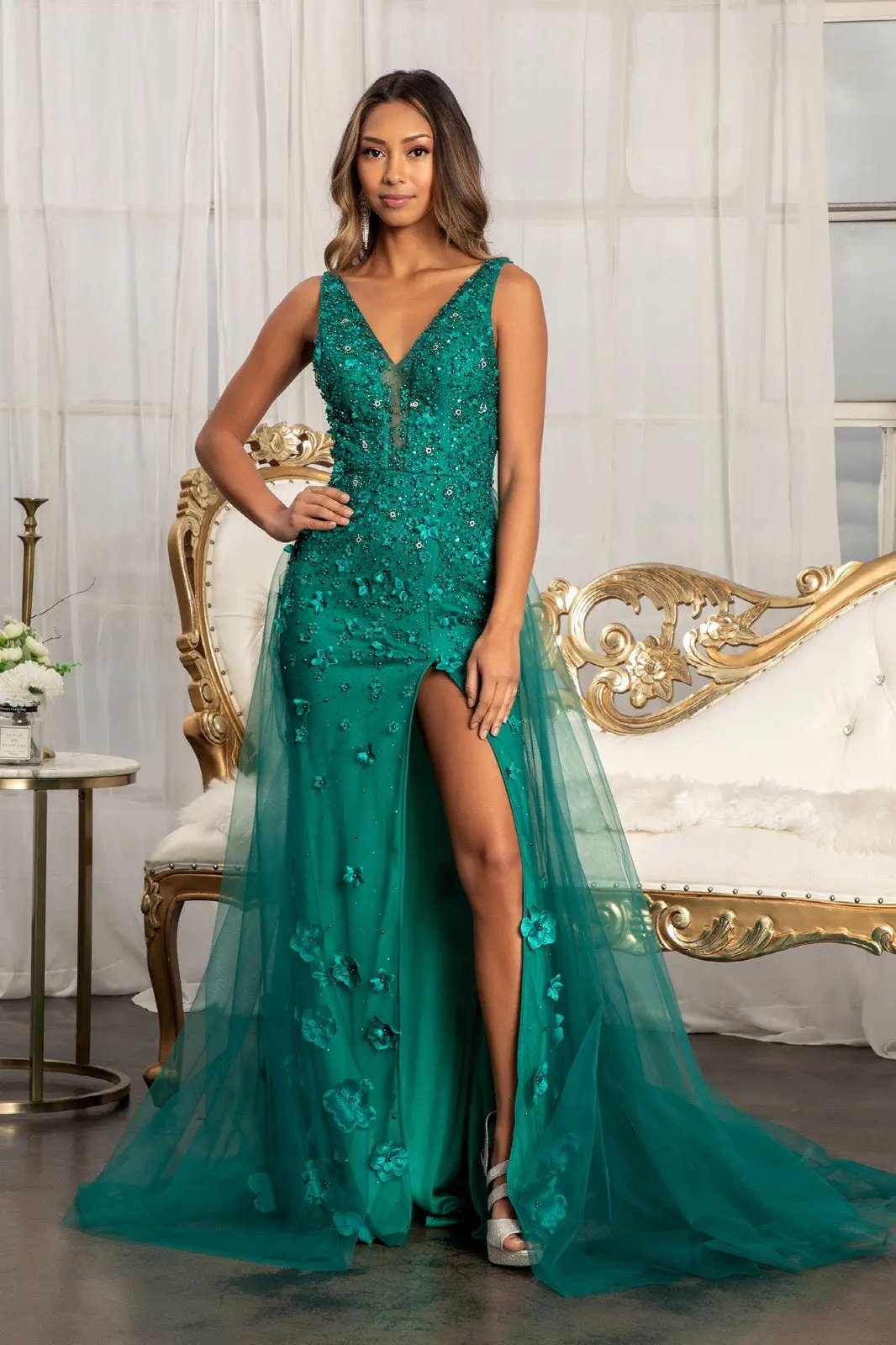 Rhinestone Embellished Mesh Mermaid Dress w/ 3-D Flower and Detached Layer by Tux-USA