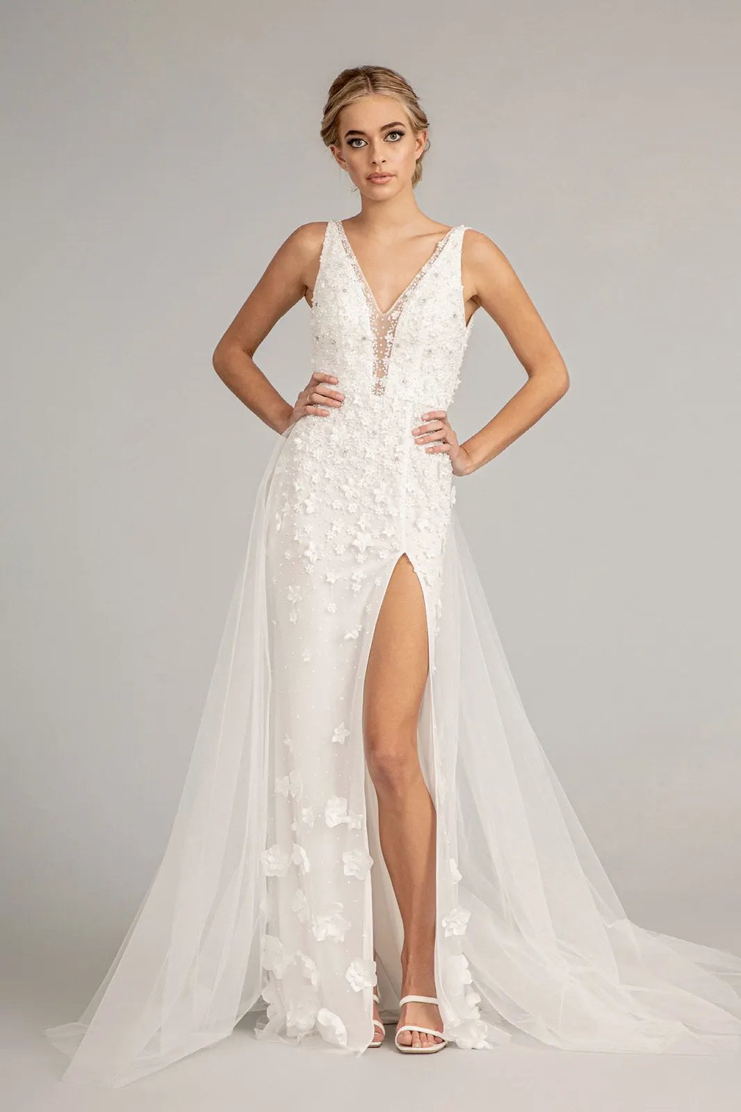 Rhinestone Embellished Mesh Mermaid Dress w/ 3-D Flower and Detached Layer by Tux-USA