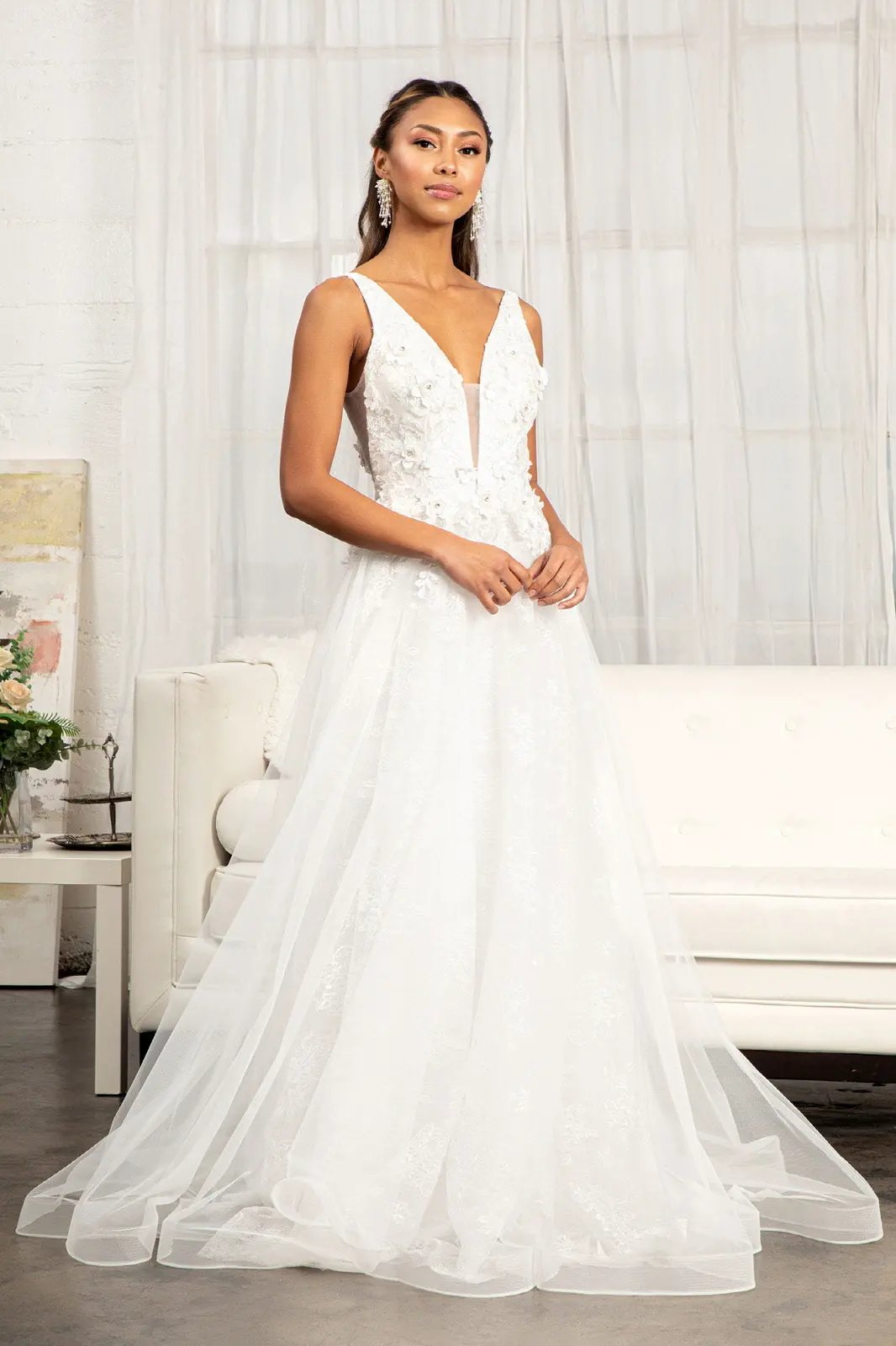 3-D Flower Embroidered Mesh A-line Dress w/ Rhinestone and Jewel Embellished by Tux-USA