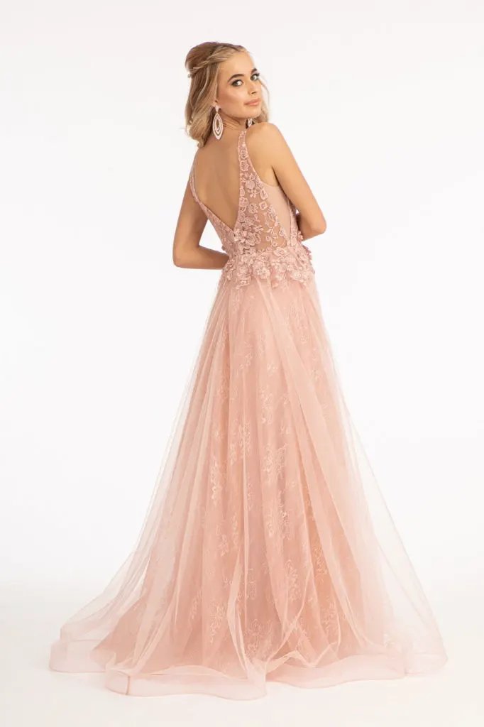 3-D Flower Embroidered Mesh A-line Dress w/ Rhinestone and Jewel Embellished by Tux-USA