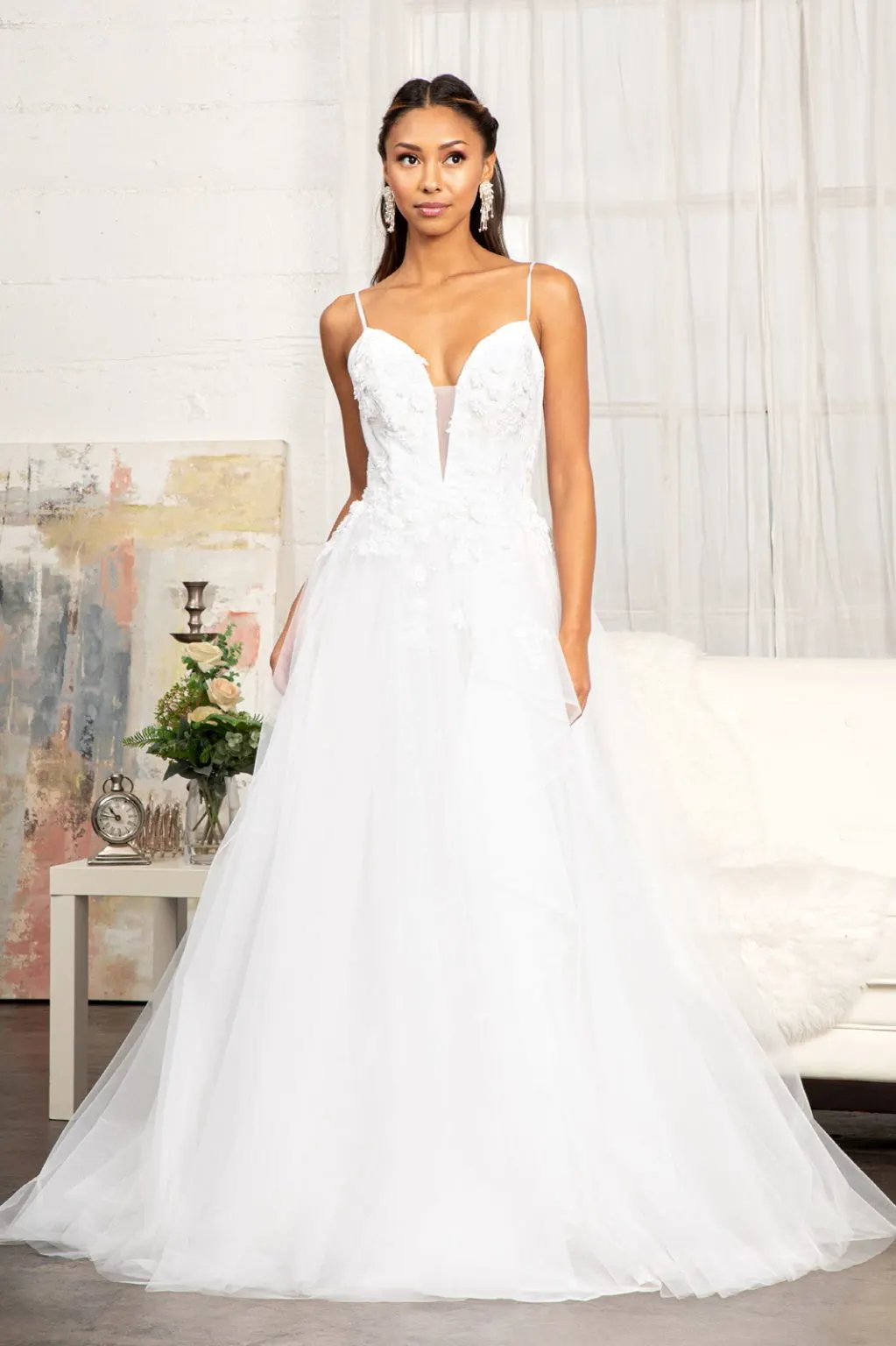 Embroidery & 3D Floral Applique Embellished V-Neck Mesh Wedding Dress by Tux-USA
