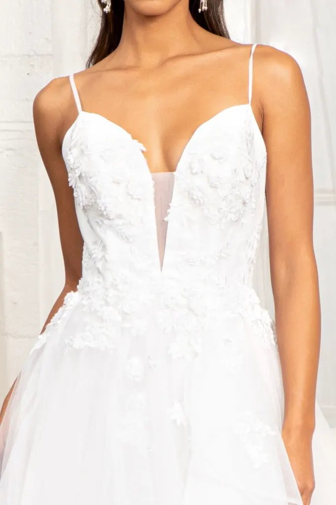 Embroidery & 3D Floral Applique Embellished V-Neck Mesh Wedding Dress by Tux-USA