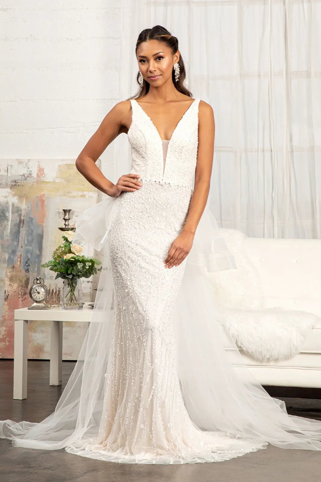 Wedding Gown 3-D Flower Applique Mermaid Mesh With Detachable Mesh Layer by Tux-USA