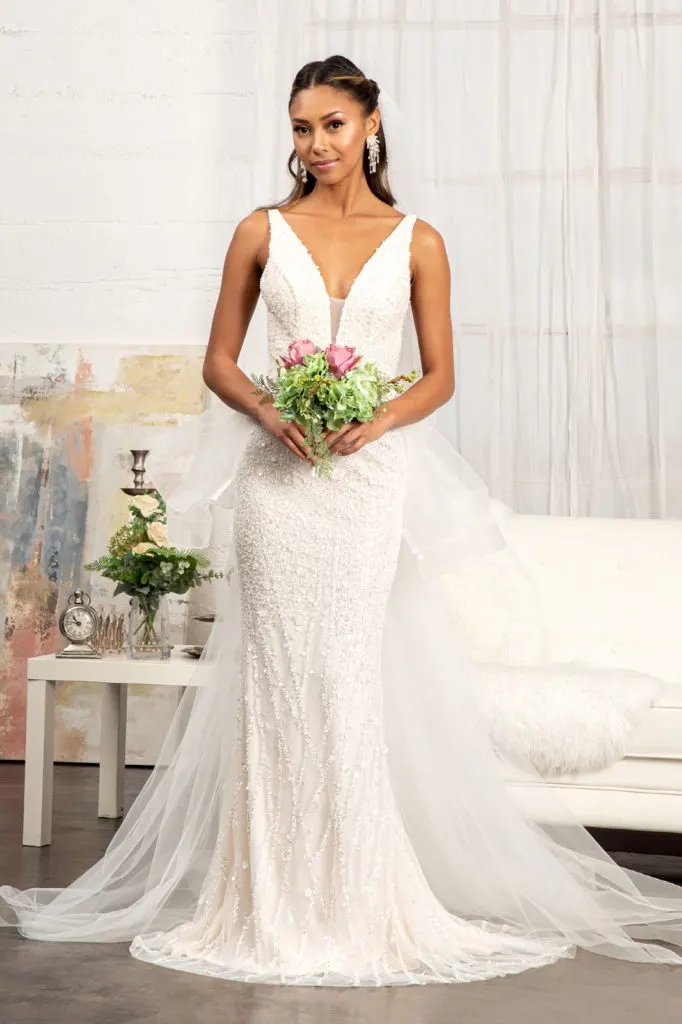 Wedding Gown 3-D Flower Applique Mermaid Mesh With Detachable Mesh Layer by Tux-USA