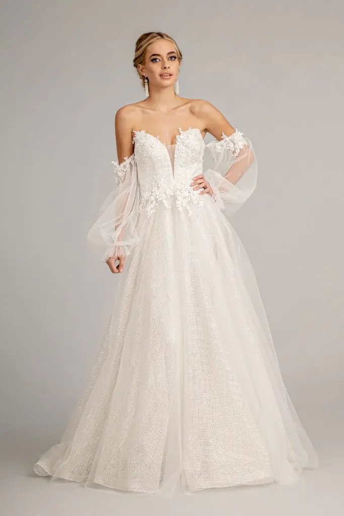 3-D Flower Embellished Glitter Netting A-line Dress w/ Detached Long Sleeves by Tux-USA