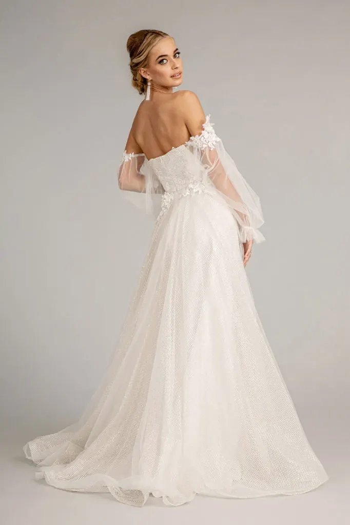 3-D Flower Embellished Glitter Netting A-line Dress w/ Detached Long Sleeves by Tux-USA