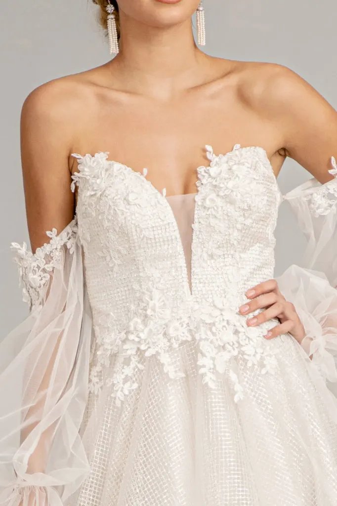 3-D Flower Embellished Glitter Netting A-line Dress w/ Detached Long Sleeves by Tux-USA