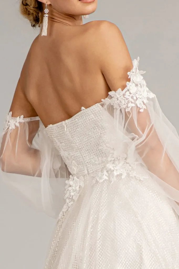 3-D Flower Embellished Glitter Netting A-line Dress w/ Detached Long Sleeves by Tux-USA