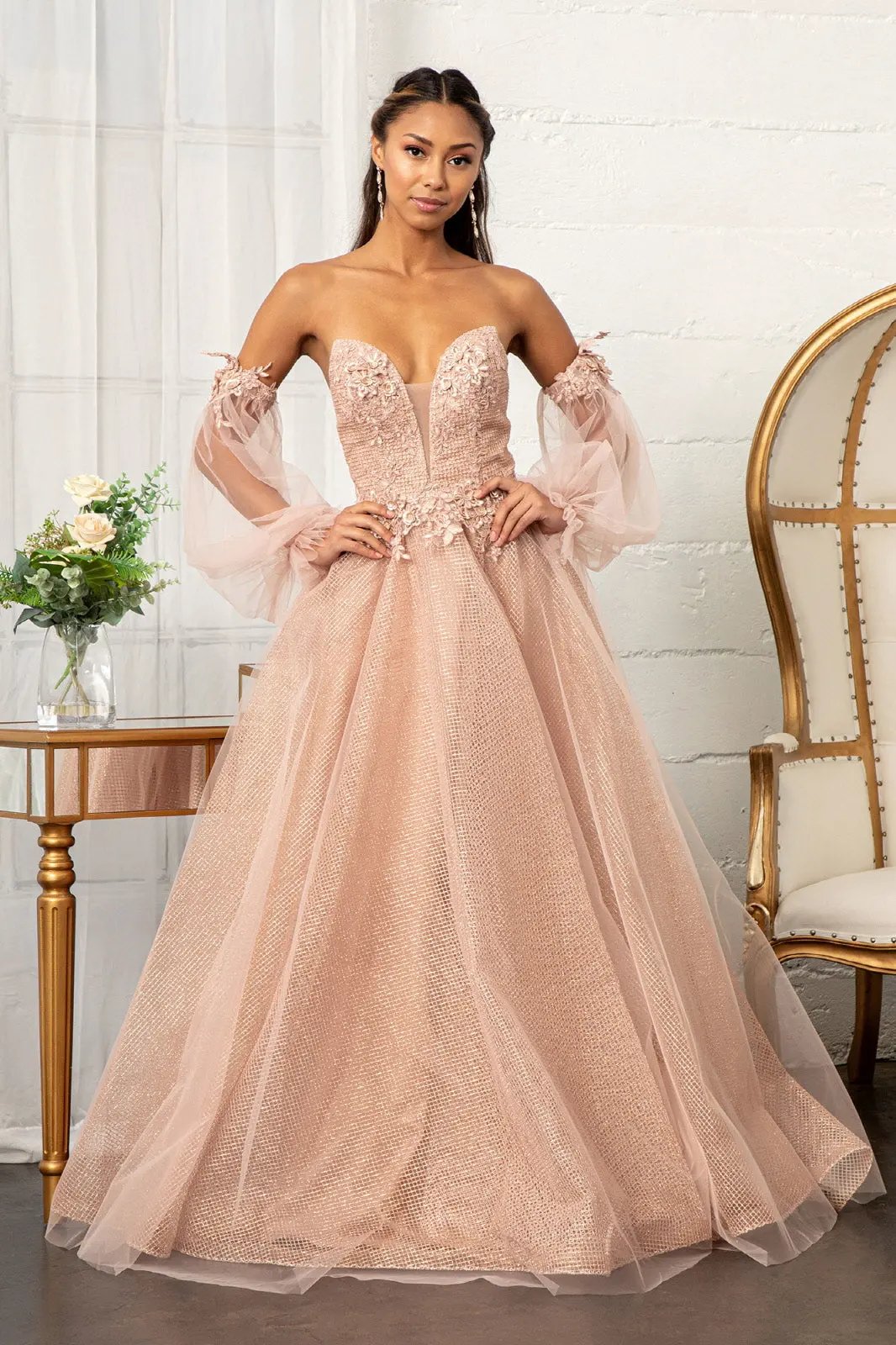 3-D Flower Embellished Glitter Netting A-line Dress w/ Detached Long Sleeves by Tux-USA