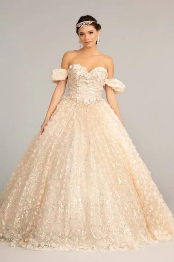 Jewel Embellished Mesh Quinceanera Ball Gown w/ 3-D Applique and Corset by Tux-USA