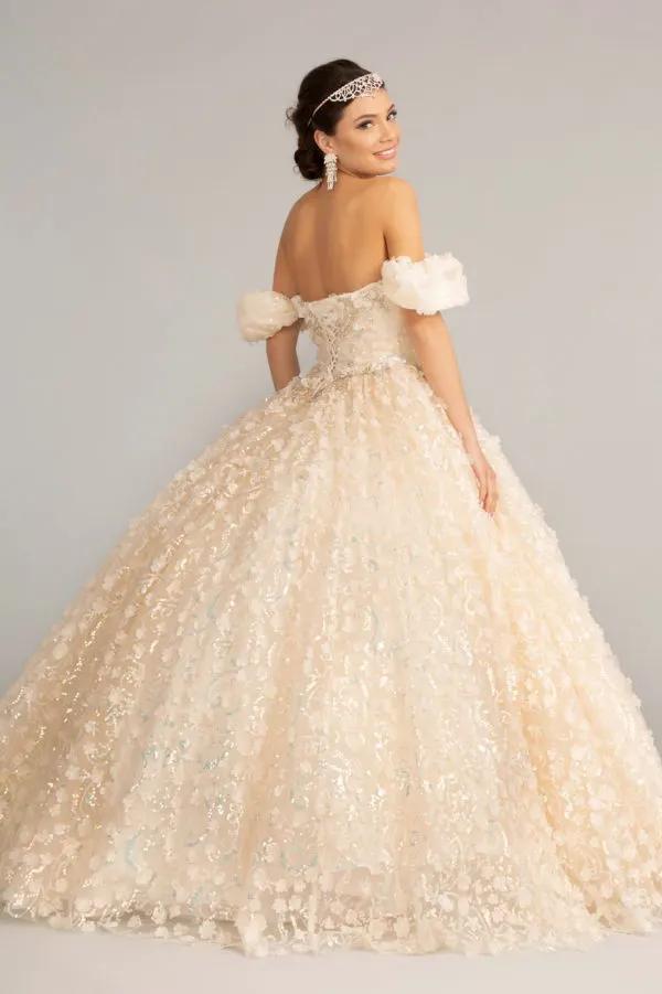Jewel Embellished Mesh Quinceanera Ball Gown w/ 3-D Applique and Corset by Tux-USA