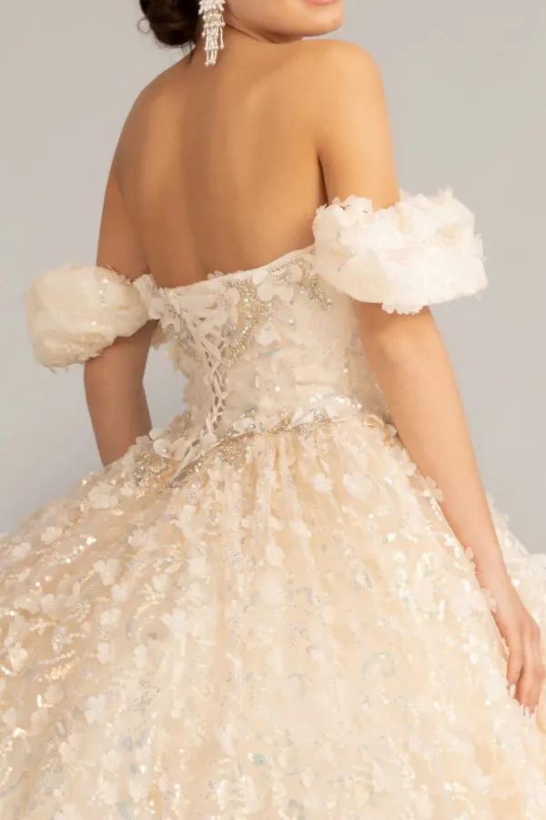 Jewel Embellished Mesh Quinceanera Ball Gown w/ 3-D Applique and Corset by Tux-USA