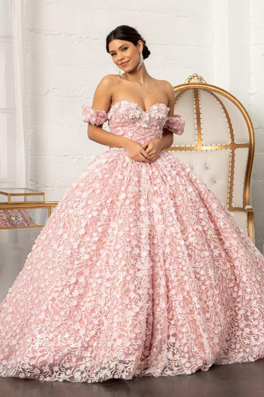 Jewel Embellished Mesh Quinceanera Ball Gown w/ 3-D Applique and Corset by Tux-USA