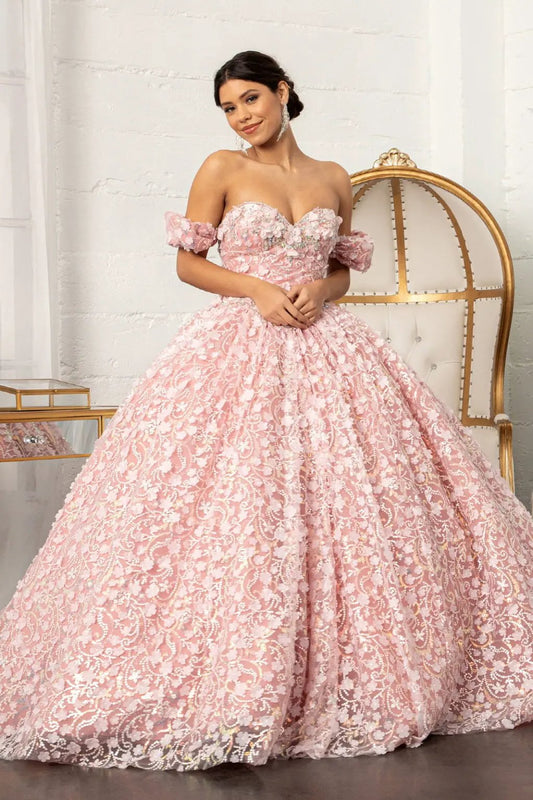 Jewel Embellished Mesh Quinceanera Ball Gown w/ 3-D Applique and Corset by Tux-USA
