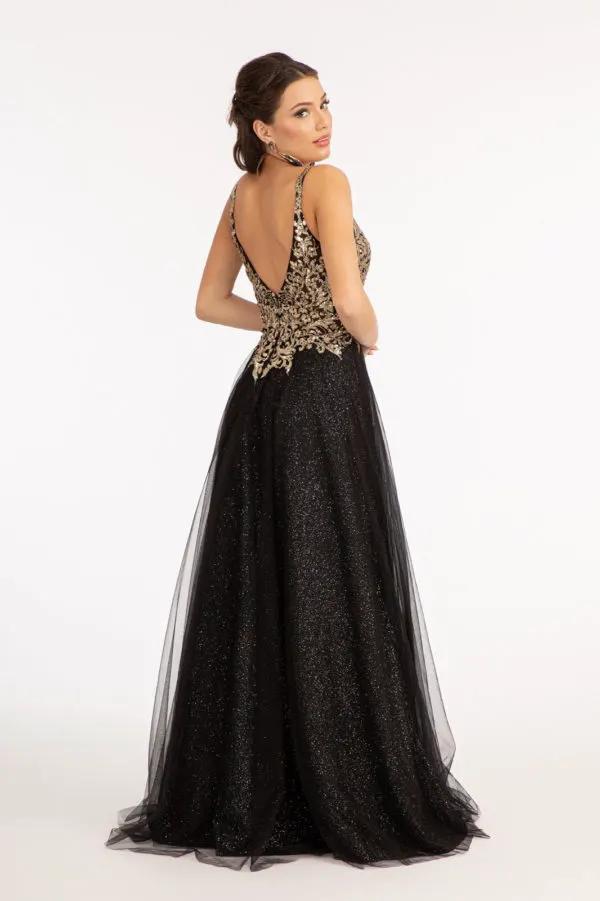 Sequin Embellished Bodice V-Neck A-Line Prom Dress w/ Leg Slit by Tux-USA