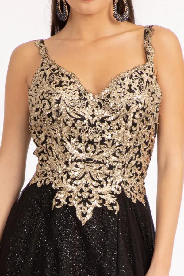Sequin Embellished Bodice V-Neck A-Line Prom Dress w/ Leg Slit by Tux-USA