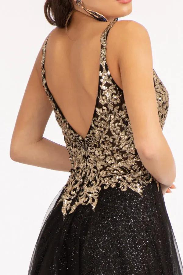 Sequin Embellished Bodice V-Neck A-Line Prom Dress w/ Leg Slit by Tux-USA