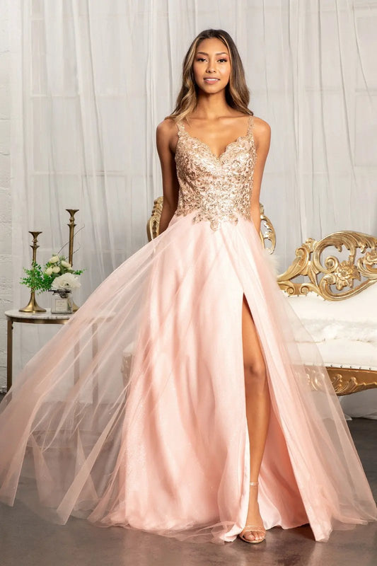 Sequin Embellished Bodice V-Neck A-Line Prom Dress w/ Leg Slit by Tux-USA