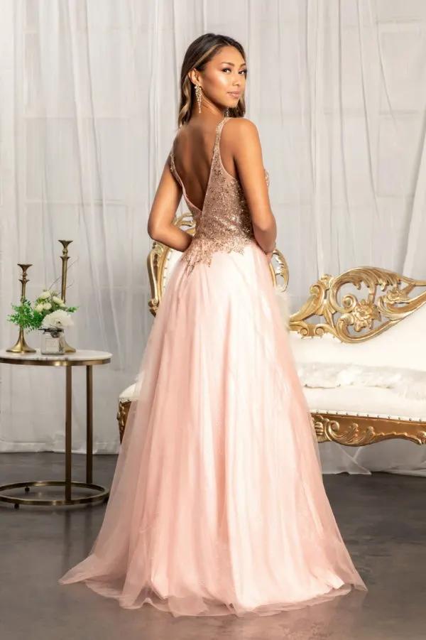 Sequin Embellished Bodice V-Neck A-Line Prom Dress w/ Leg Slit by Tux-USA