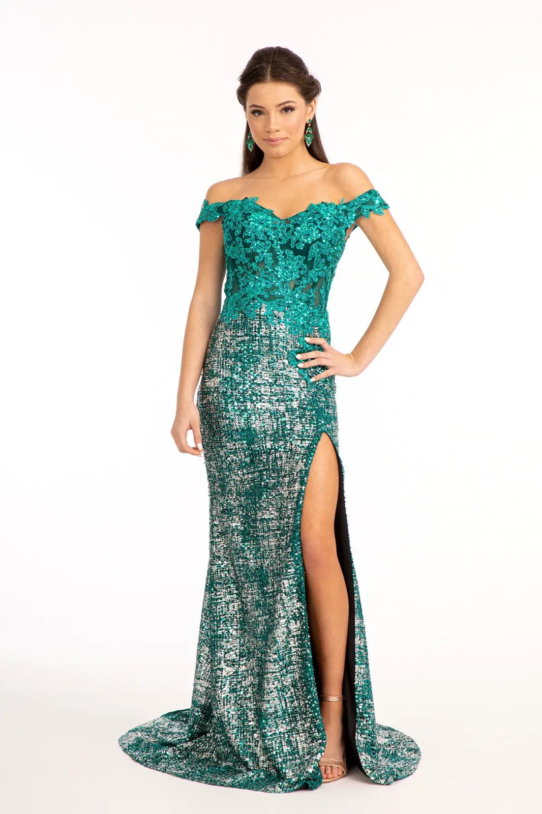 Sheer Bodice Cut-Away Shoulder Lace-Up Back Sequin Prom Dress w/ Leg Slit by Tux-USA