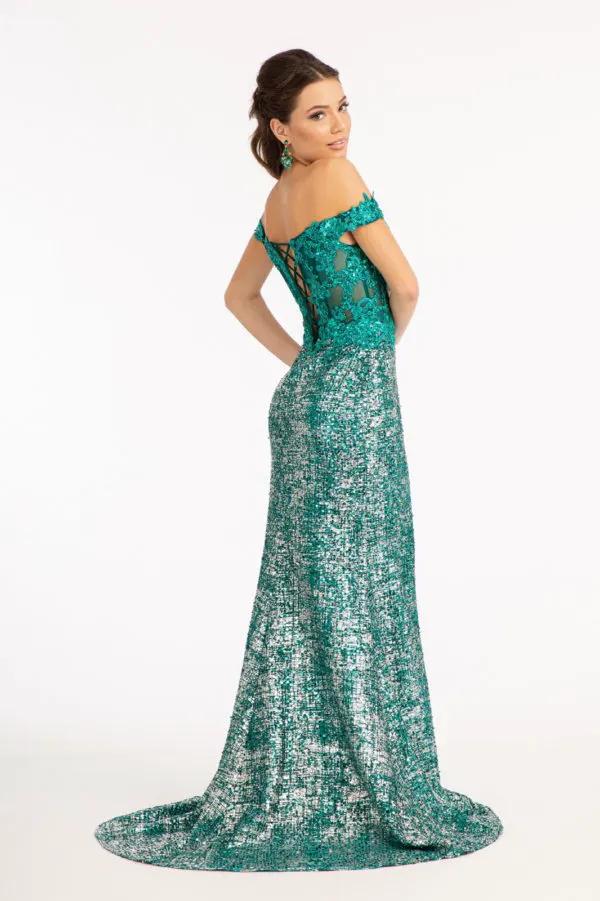 Sheer Bodice Cut-Away Shoulder Lace-Up Back Sequin Prom Dress w/ Leg Slit by Tux-USA