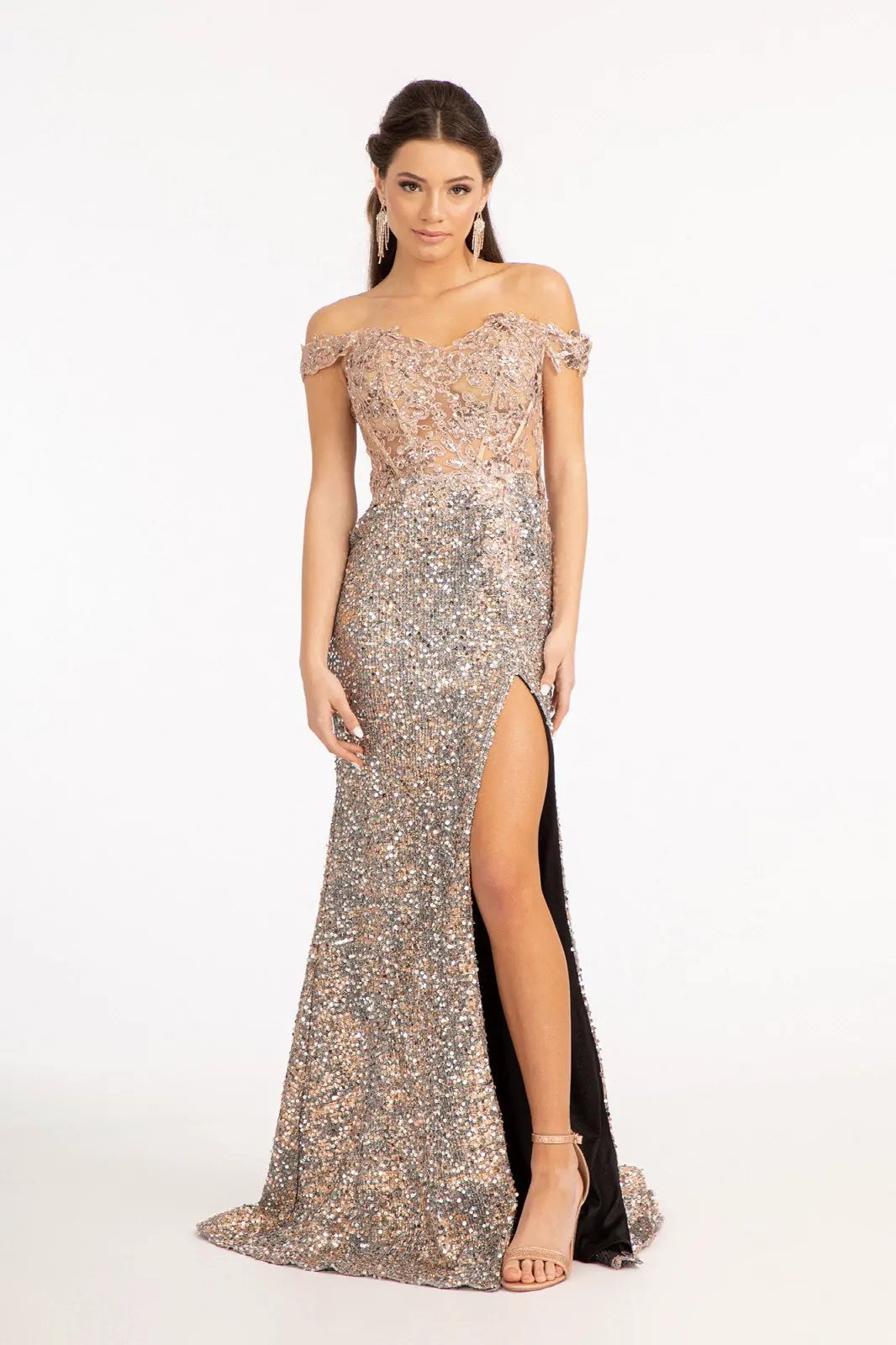 Sheer Bodice Cut-Away Shoulder Lace-Up Back Sequin Prom Dress w/ Leg Slit by Tux-USA