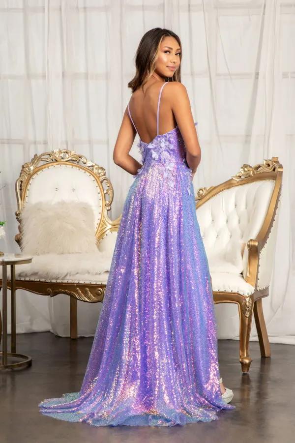 Full Iridescent Sequin V-Neck A-Line Prom Dress /w Leg Slit by Tux-USA