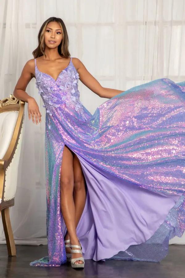 Full Iridescent Sequin V-Neck A-Line Prom Dress /w Leg Slit by Tux-USA