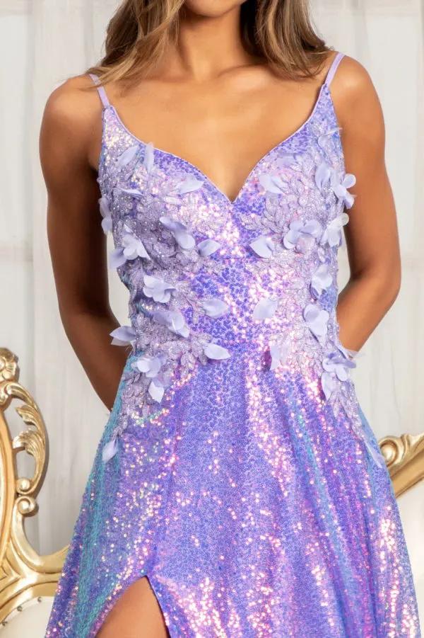Full Iridescent Sequin V-Neck A-Line Prom Dress /w Leg Slit by Tux-USA