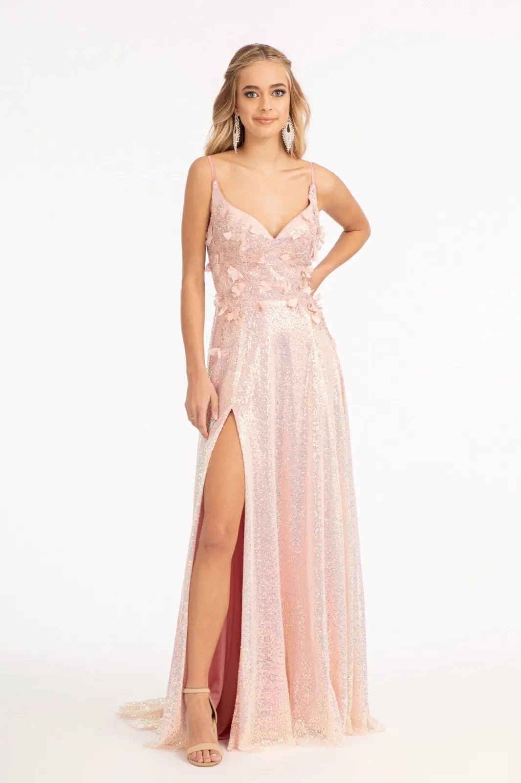 Full Iridescent Sequin V-Neck A-Line Prom Dress /w Leg Slit by Tux-USA