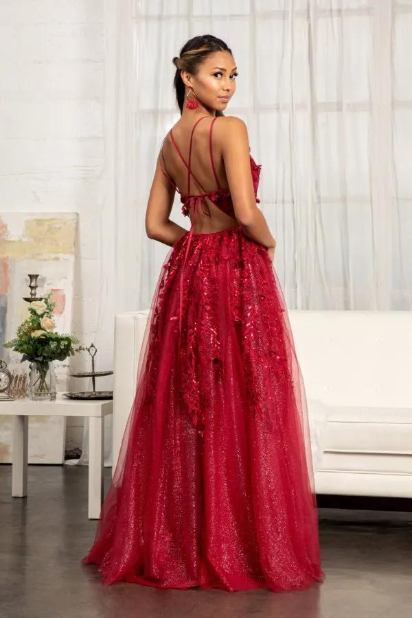 Sequin Embellished Mesh A-line Dress w/ 3-D Flower Applique and Side Slit by Tux-USA