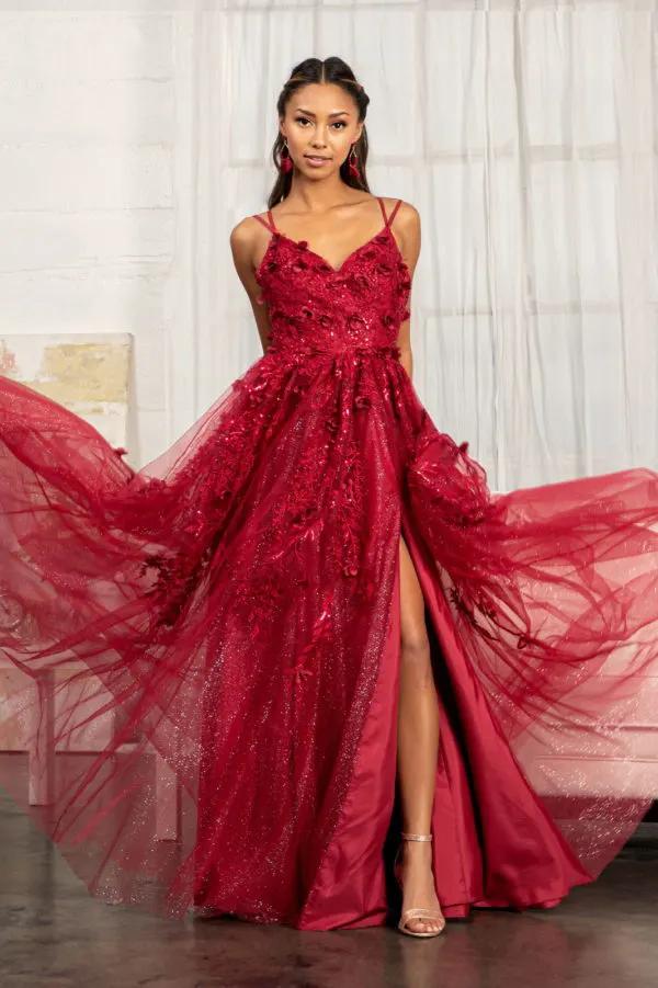 Sequin Embellished Mesh A-line Dress w/ 3-D Flower Applique and Side Slit by Tux-USA