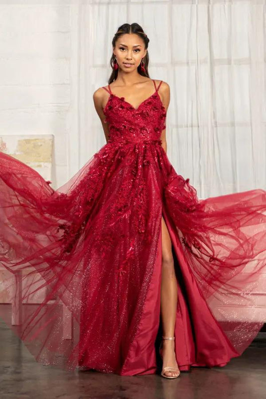 Sequin Embellished Mesh A-line Dress w/ 3-D Flower Applique and Side Slit by Tux-USA