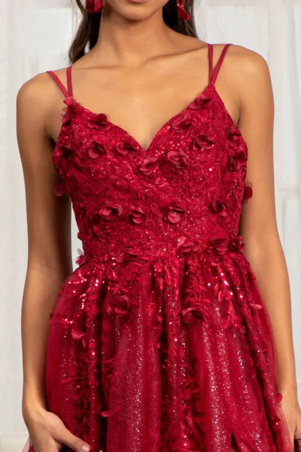 Sequin Embellished Mesh A-line Dress w/ 3-D Flower Applique and Side Slit by Tux-USA