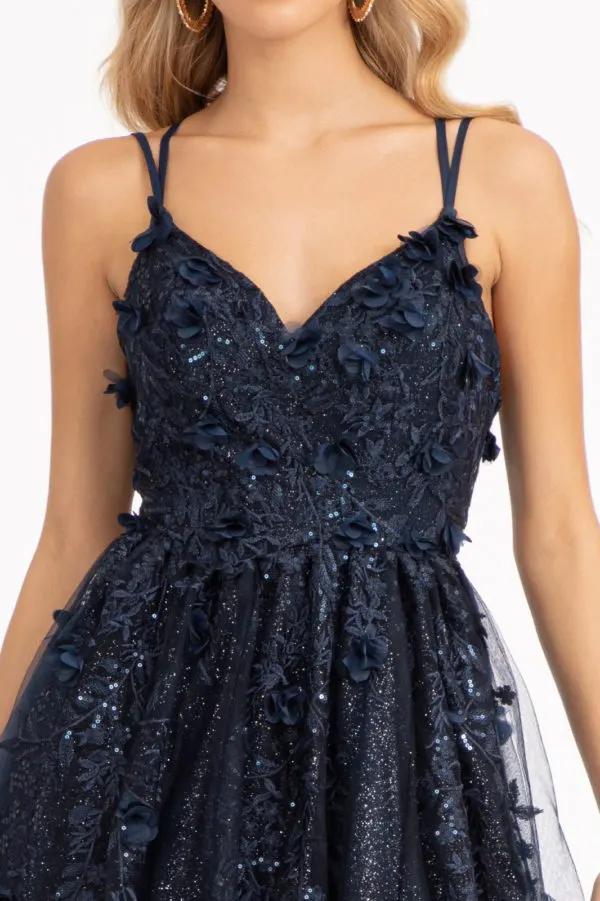 Sequin Embellished Mesh A-line Dress w/ 3-D Flower Applique and Side Slit by Tux-USA