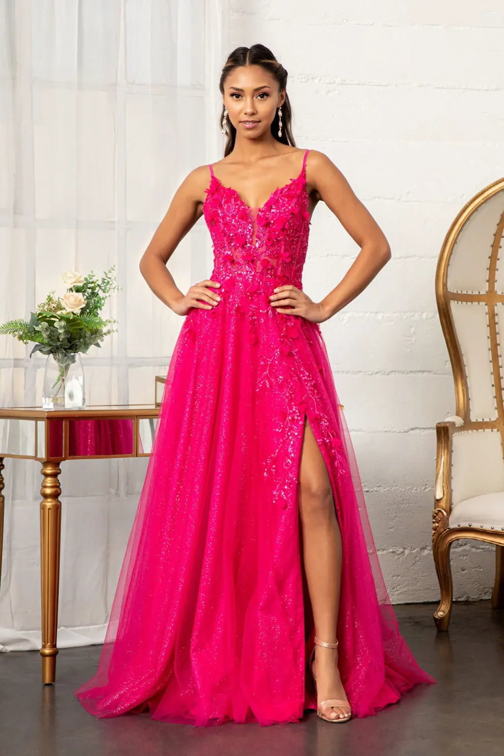 3-D Flower Applique Glitter Mesh A-line Dress w/ Embroidery and Sequin by Tux-USA