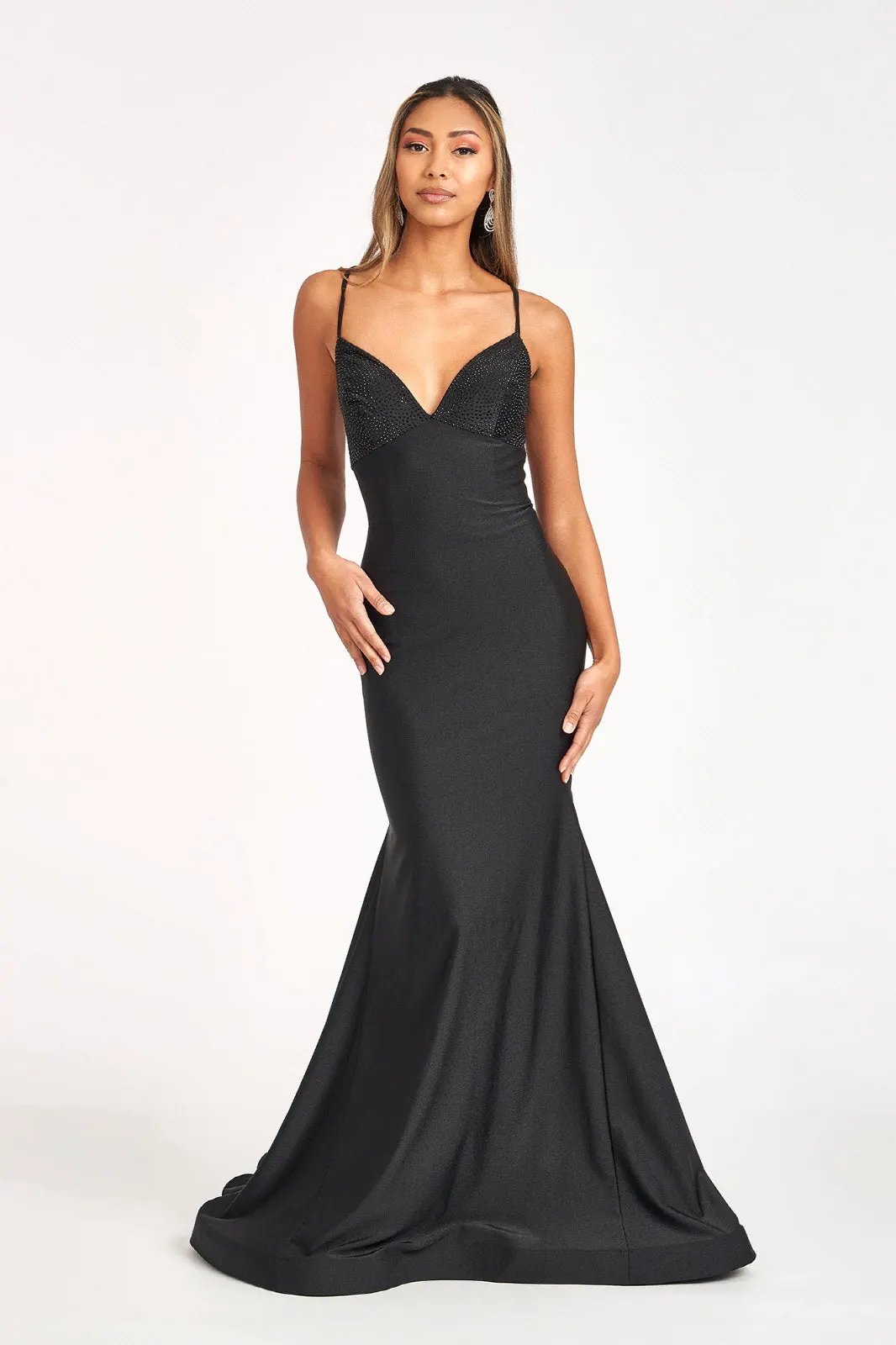 Beads Embellished Jersey Mermaid Dress w/ Strap Lace-up Back by Tux-USA
