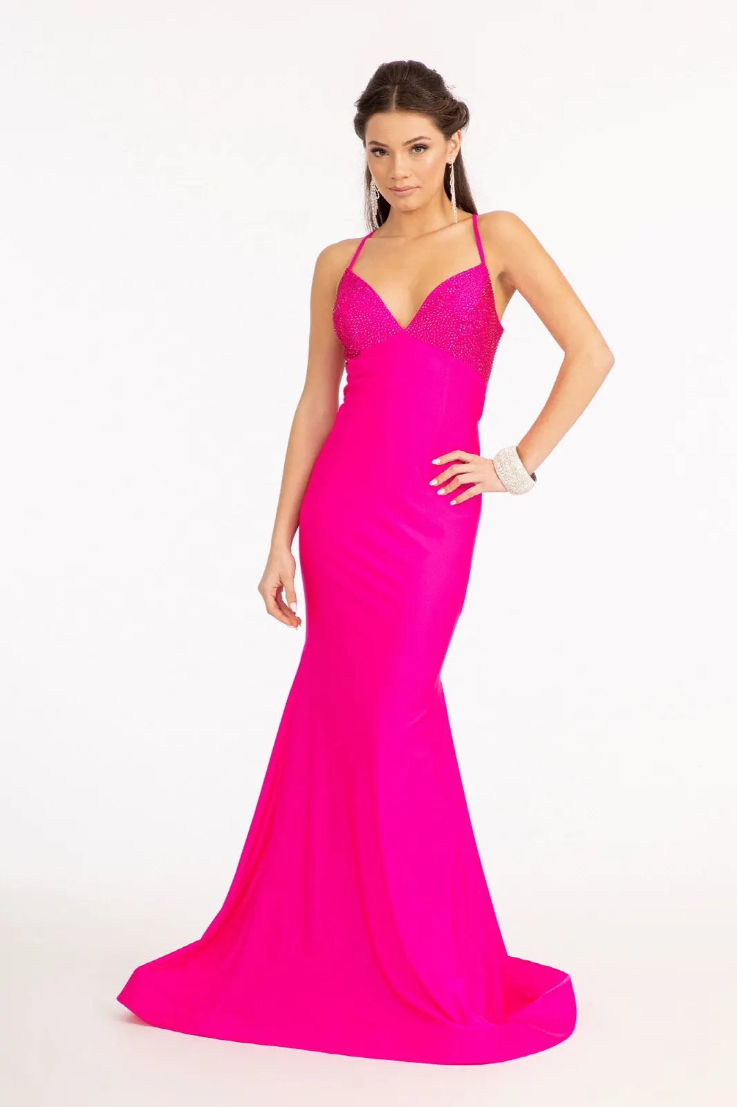 Beads Embellished Jersey Mermaid Dress w/ Strap Lace-up Back by Tux-USA