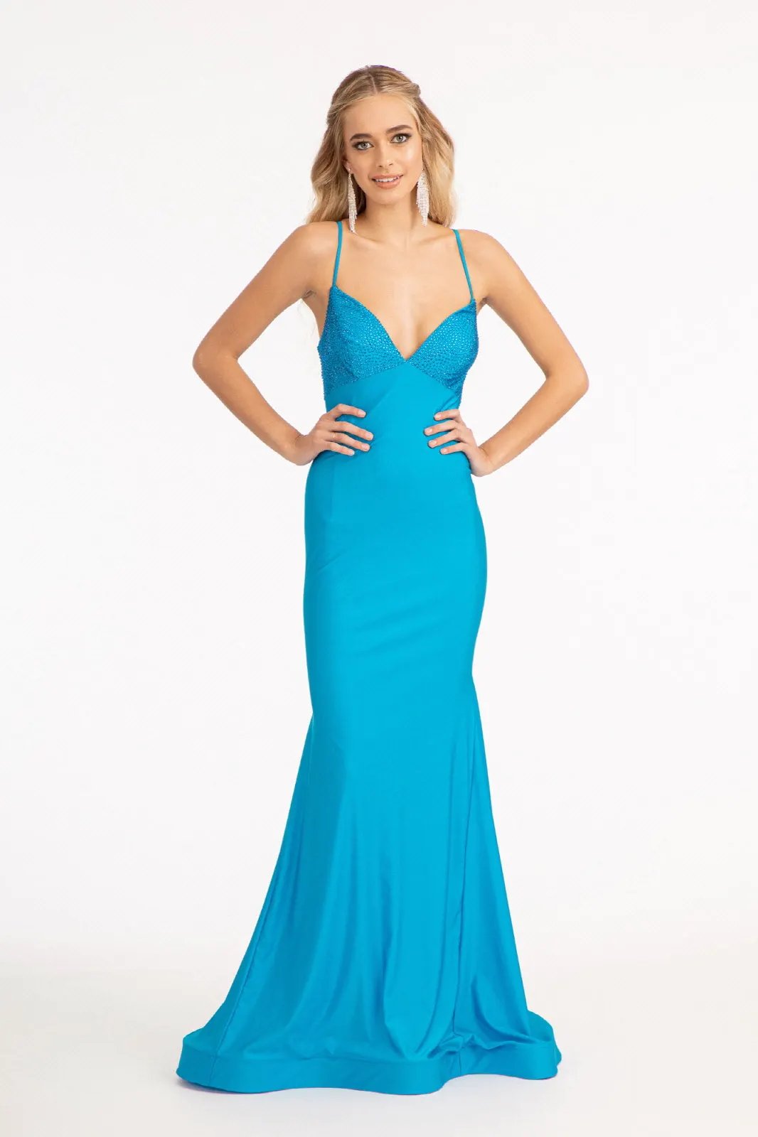 Beads Embellished Jersey Mermaid Dress w/ Strap Lace-up Back by Tux-USA