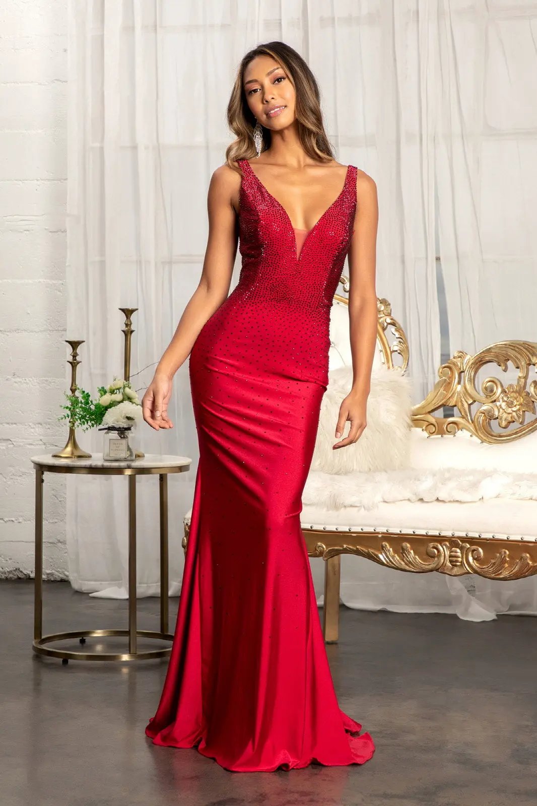 Beads Embellished Jersey Mermaid Dress w/ Open Back and Sheer Sides by Tux-USA