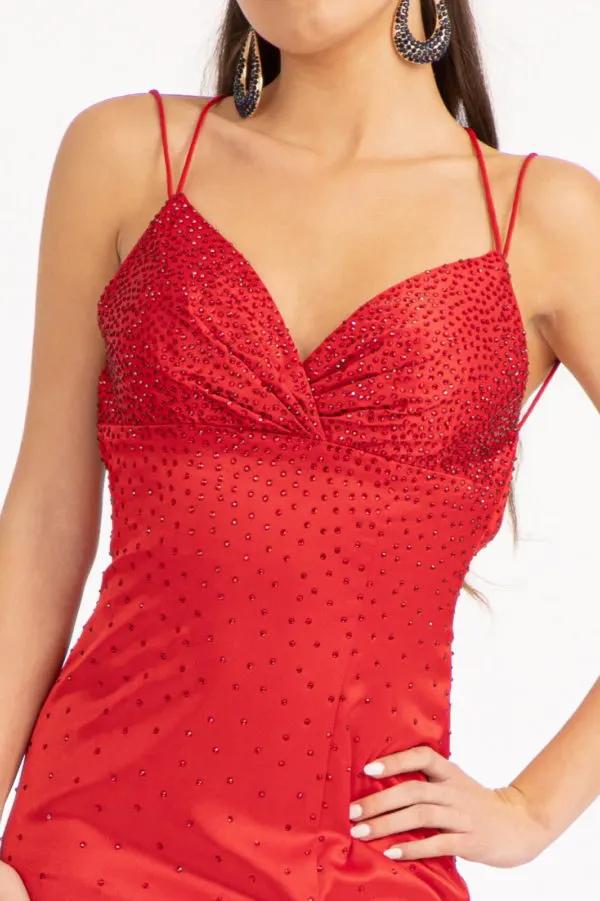 Beads Embellished Satin Mermaid Dress w/ Pleated Chest and Side Slit by Tux-USA