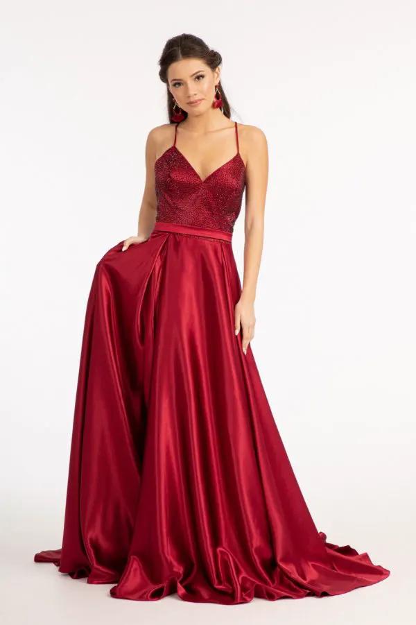 Full Rhinestone Bodice Lace-Up Back Satin Prom Dress w/ Waistband by Tux-USA