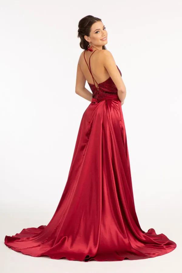 Full Rhinestone Bodice Lace-Up Back Satin Prom Dress w/ Waistband by Tux-USA