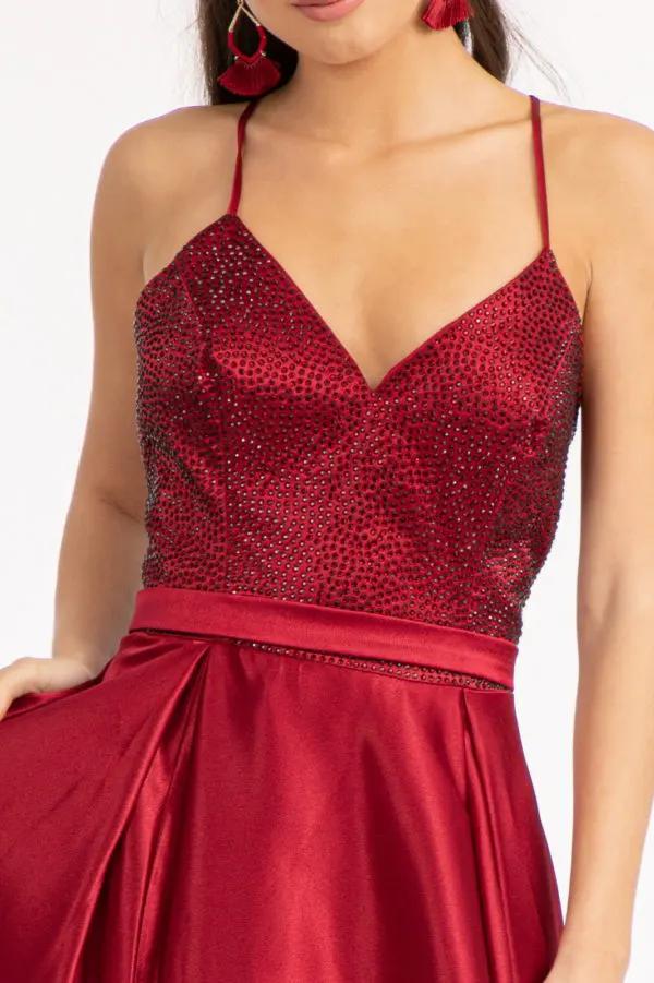 Full Rhinestone Bodice Lace-Up Back Satin Prom Dress w/ Waistband by Tux-USA