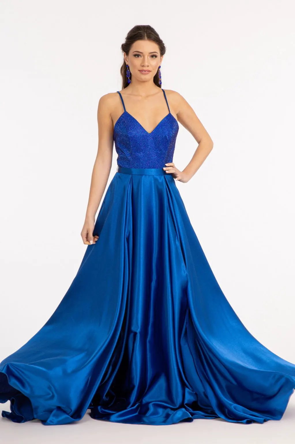 Full Rhinestone Bodice Lace-Up Back Satin Prom Dress w/ Waistband by Tux-USA