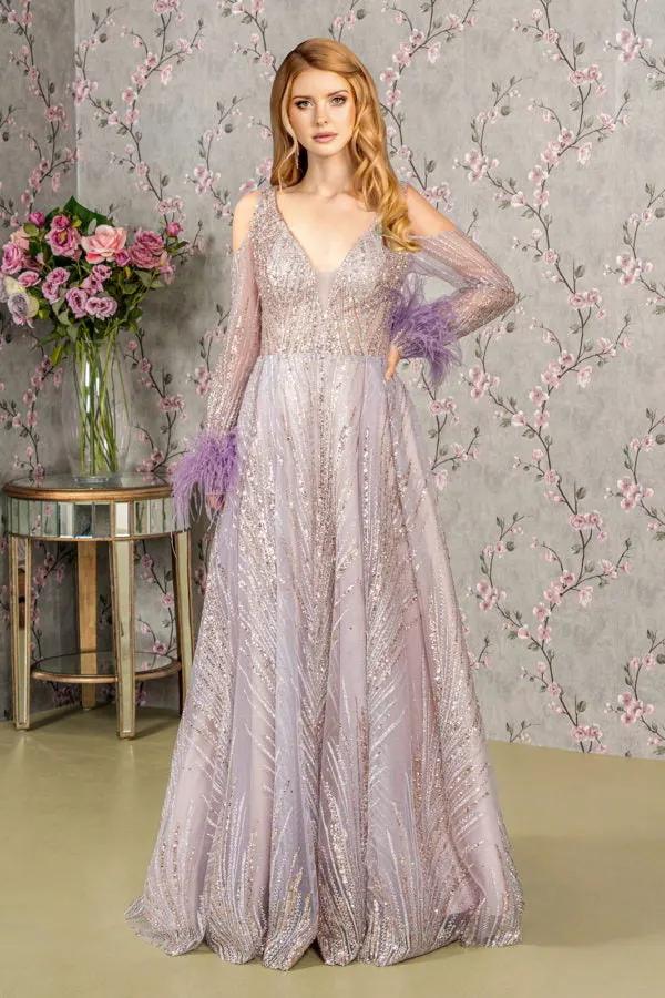Feather-Wrist Embellished Glitter A-line Dress w/ Cut-Away Long Sleeves by Tux-USA