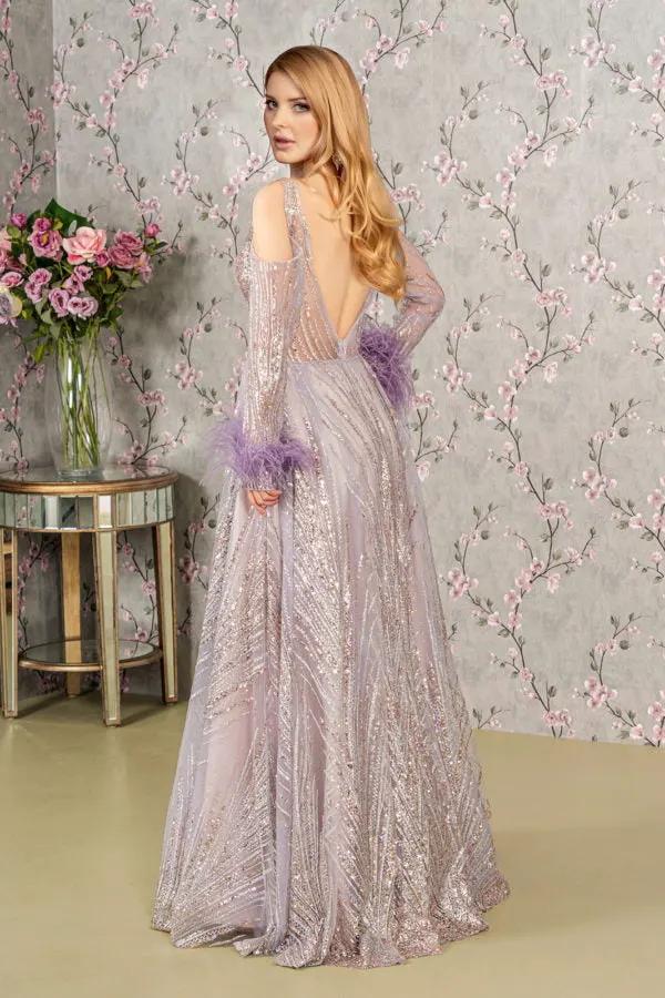 Feather-Wrist Embellished Glitter A-line Dress w/ Cut-Away Long Sleeves by Tux-USA
